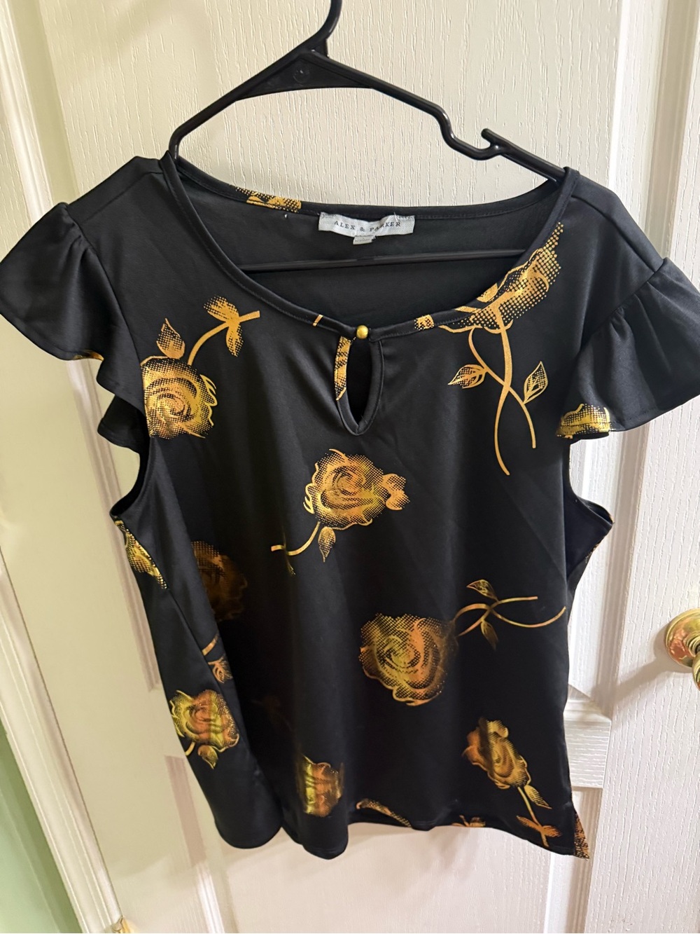 Black & Gold Rose Keyhole Flutter Sleeve Blouse